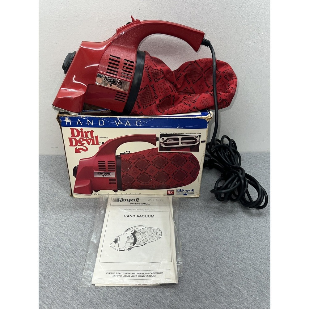 Vintage Dirt Devil 103 Hand Vacuum Cleaner Red Handheld Bagged USA W/ Box Manual